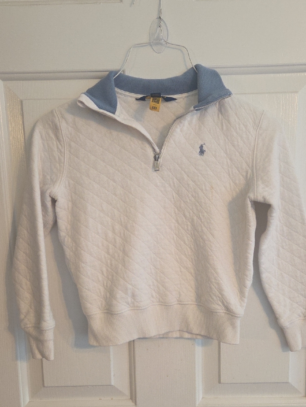 Polo by Ralph Lauren White Quilted Half-Zip Sweater with Light Blue Collar